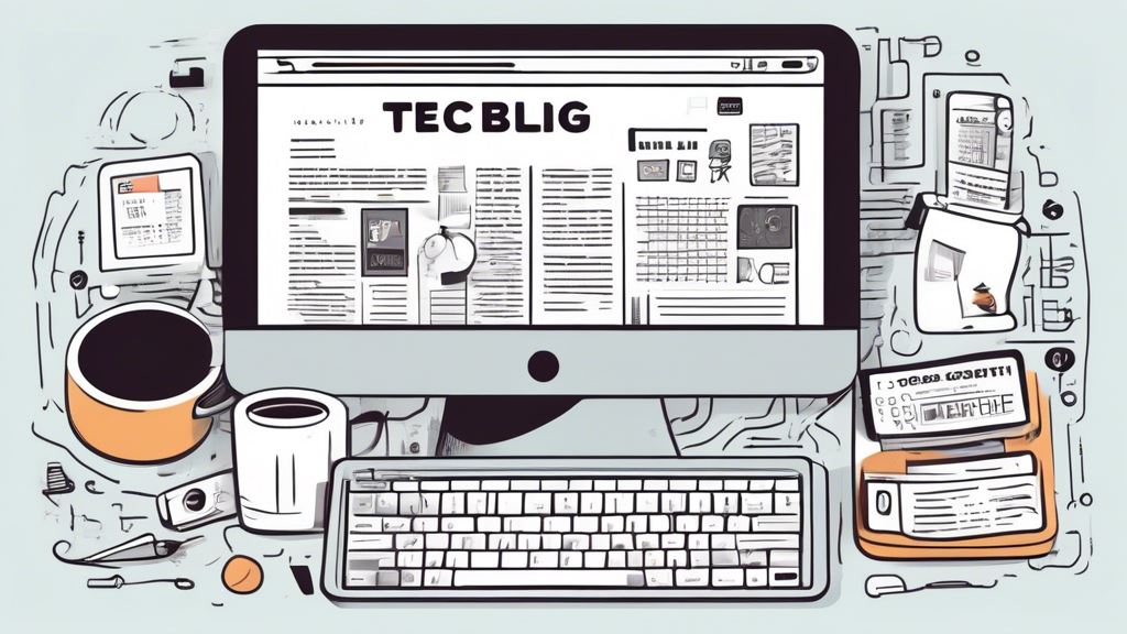 A computer screen displaying a tech blog with engaging headlines, surrounded by various technology-related items such as gadgets, notebooks, and coffee cup