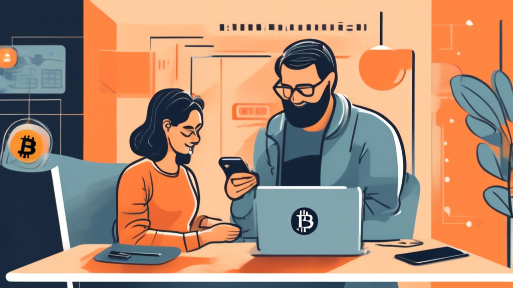 An illustrated guide showing a Baby Boomer couple setting up a Bitcoin wallet on their laptop and smartphone, with clear, user-friendly instructions in the