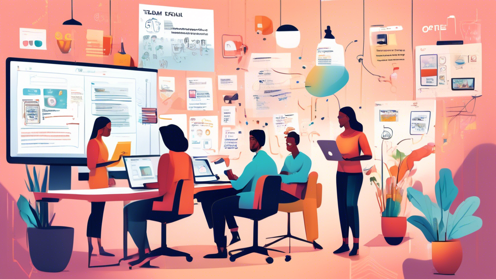 An illustration of a modern office setting where a diverse team of marketers are brainstorming ideas for product descriptions. On one side, an AI-powered t