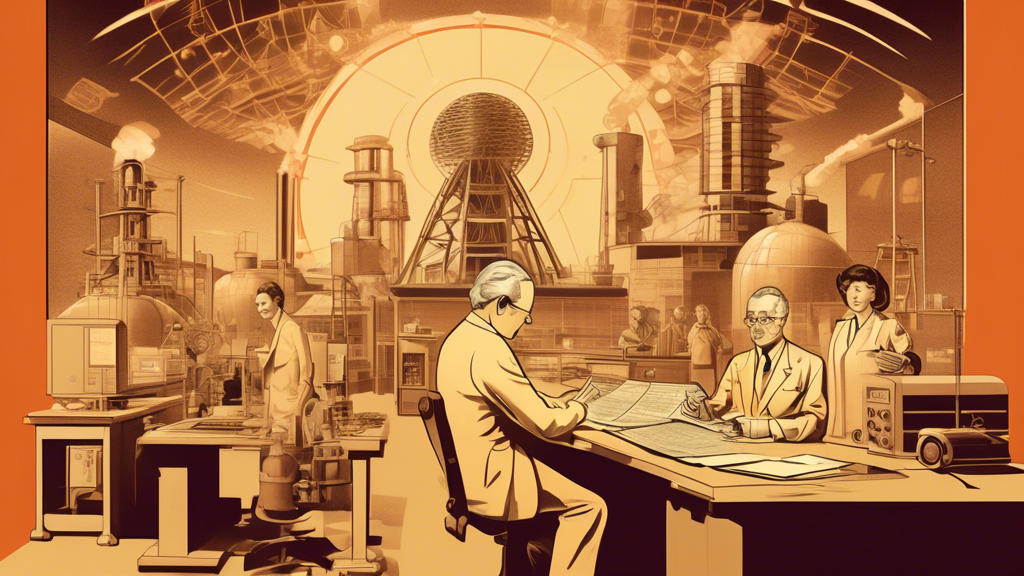 A detailed illustration of historical figures from the Atomic Energy Commission in a 20th-century setting, surrounded by scientific equipment, nuclear reac