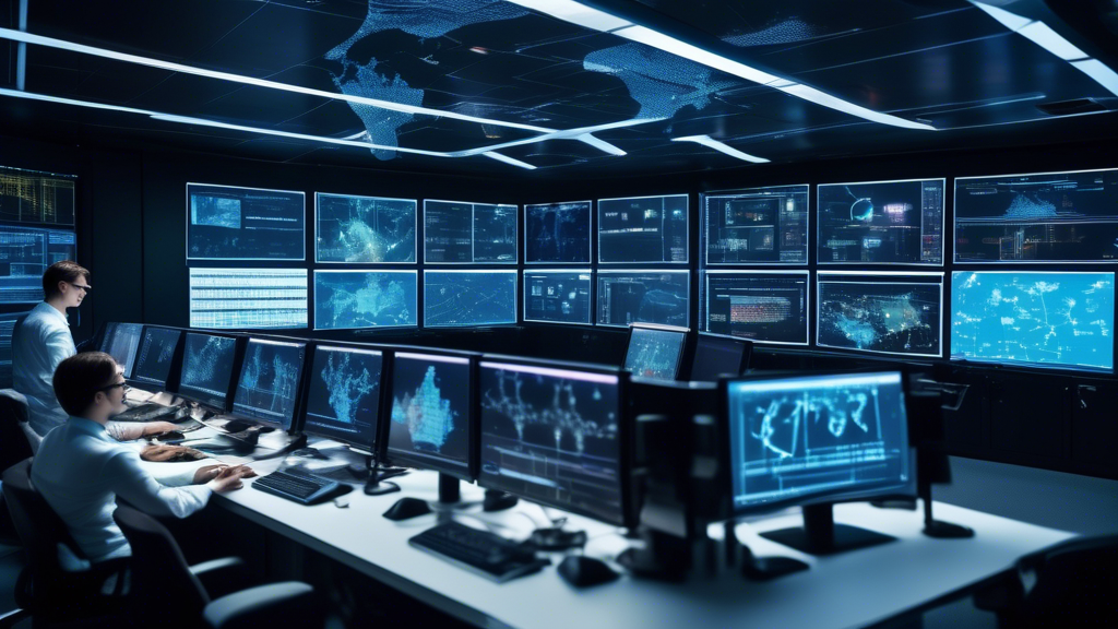 A highly detailed image of a modern tech control room with multiple large screens, each displaying real-time data, graphs, and world maps indicating intern