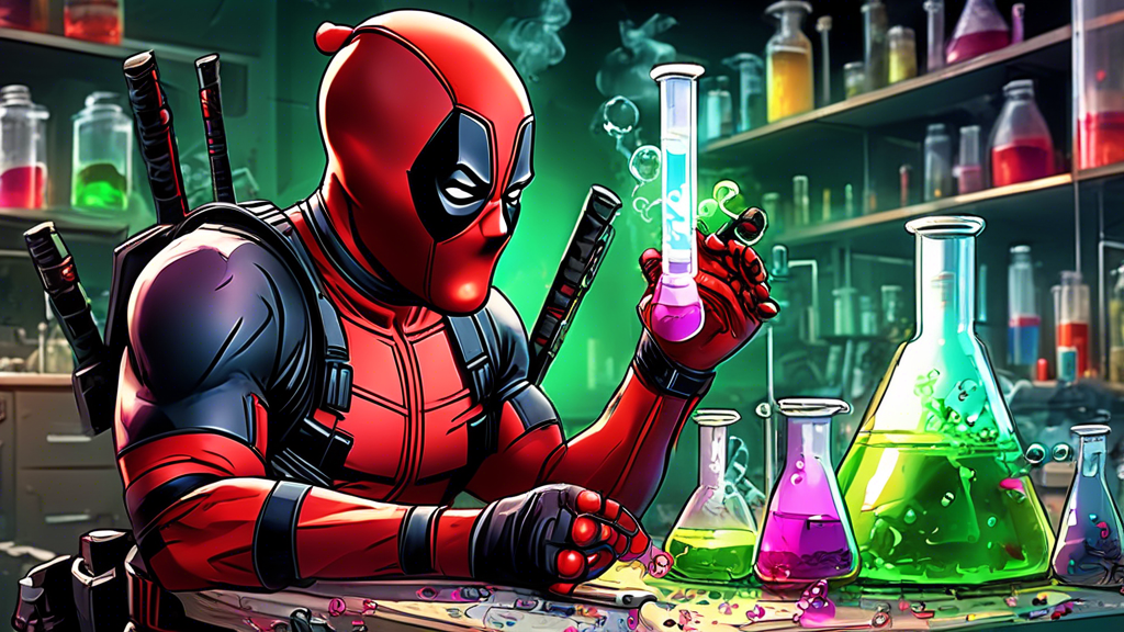 Create an image of Deadpool in a mad scientist's lab, blending comic book elements with real-life scientific equipment. Include a chaotic assortment of bea