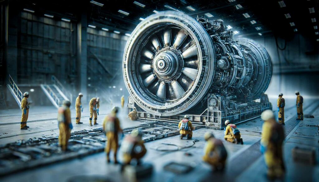 Industrial scene in a large hangar where multiple technicians in yellow protective suits are performing preventative maintenance on a massive propulsion component, possibly an Alcubierre or faster-than-light (FTL) drive. The engine has large, detailed radial coils and intricate mechanical parts, suggesting advanced technology. The technicians inspect the machinery meticulously, emphasizing the scale and complexity of the equipment. The hangar is dimly lit, with directed lights illuminating the metallic surfaces and components, creating a focused, high-tech atmosphere.