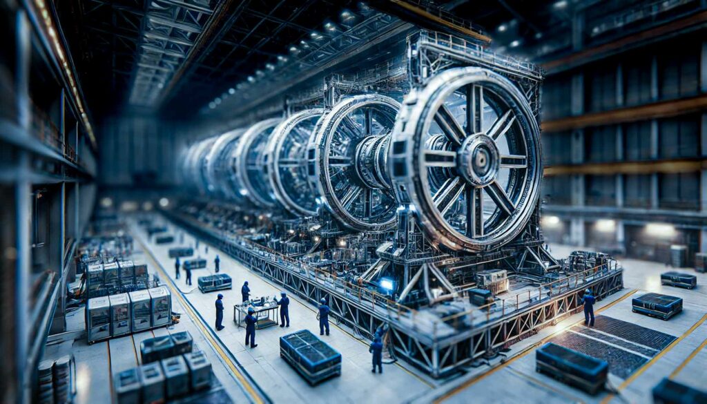 Large industrial facility where workers are constructing the interior frame of a faster-than-light (FTL) drive, specifically an Alcubierre drive, with prominent radial energy coils in place. The setup includes a row of massive circular structures aligned horizontally, showcasing intricate mechanical details and futuristic engineering. Workers in blue uniforms and protective gear move between stations, overseeing components and making adjustments. Crates and tools are scattered across the spacious, high-ceilinged hangar, emphasizing the scale and advanced technology involved in the construction.