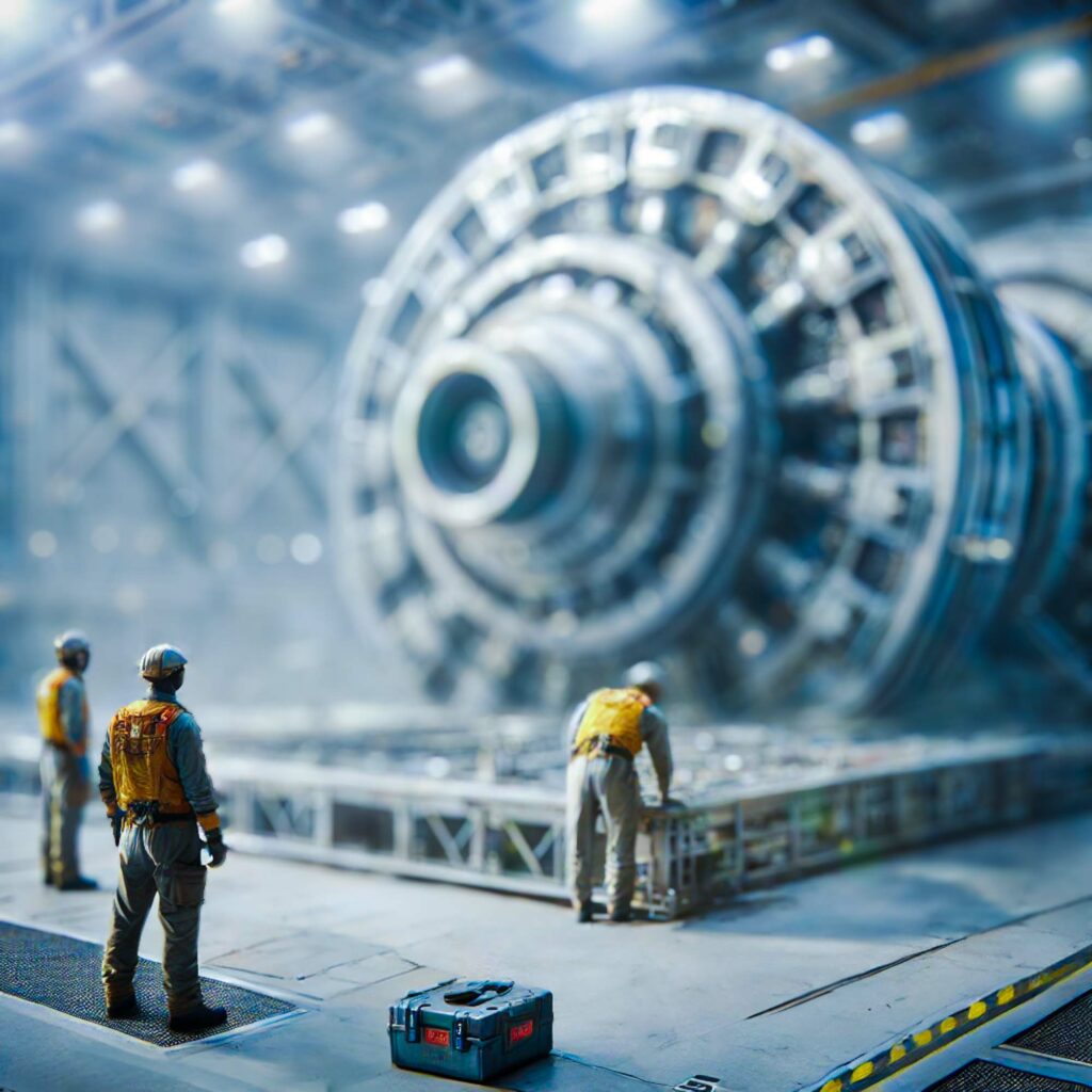 Industrial sci-fi scene featuring three engineers in protective gear and yellow vests standing in front of a massive, circular, turbine-like structure with intricate details, possibly an advanced propulsion or Alcubierre drive. The engineers appear to be inspecting the machinery, and a tool case with "1243" marked on it sits in the foreground. The setting is a brightly lit, high-tech facility with a futuristic, high-energy atmosphere.