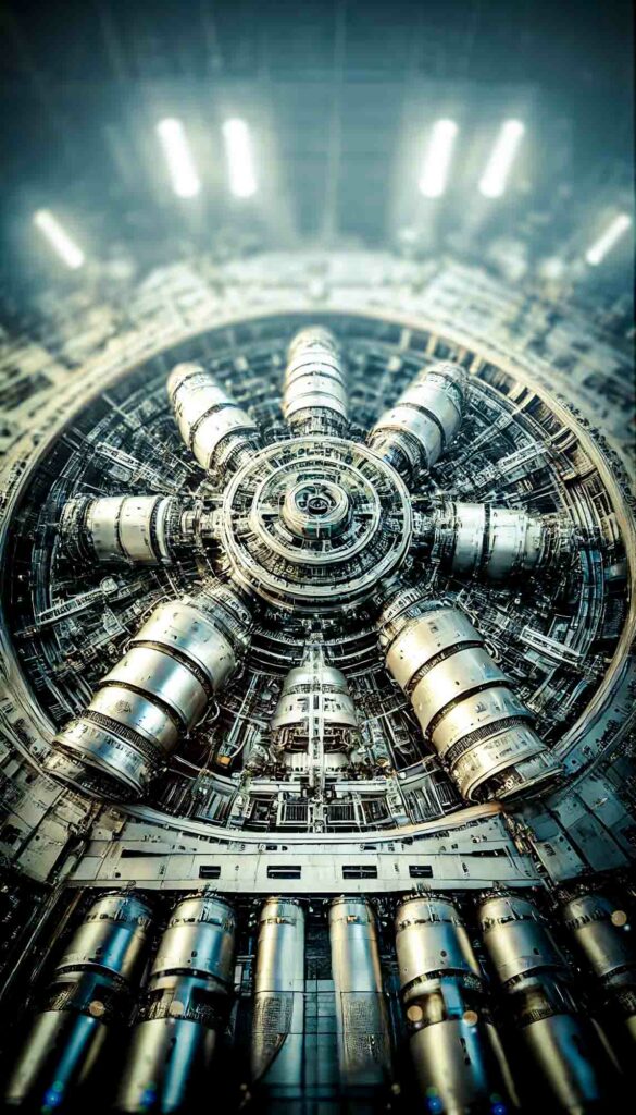 Intricate circular machinery with metallic, cylindrical components arranged in a radial pattern, resembling a high-tech engine or reactor core. The structure is filled with dense mechanical parts, pipes, and conduits, giving it a complex and industrial appearance. Bright lights from above illuminate the reflective metallic surfaces, enhancing the futuristic and engineered look. The machinery suggests advanced technology, possibly related to energy generation, propulsion, or faster-than-light drive systems.